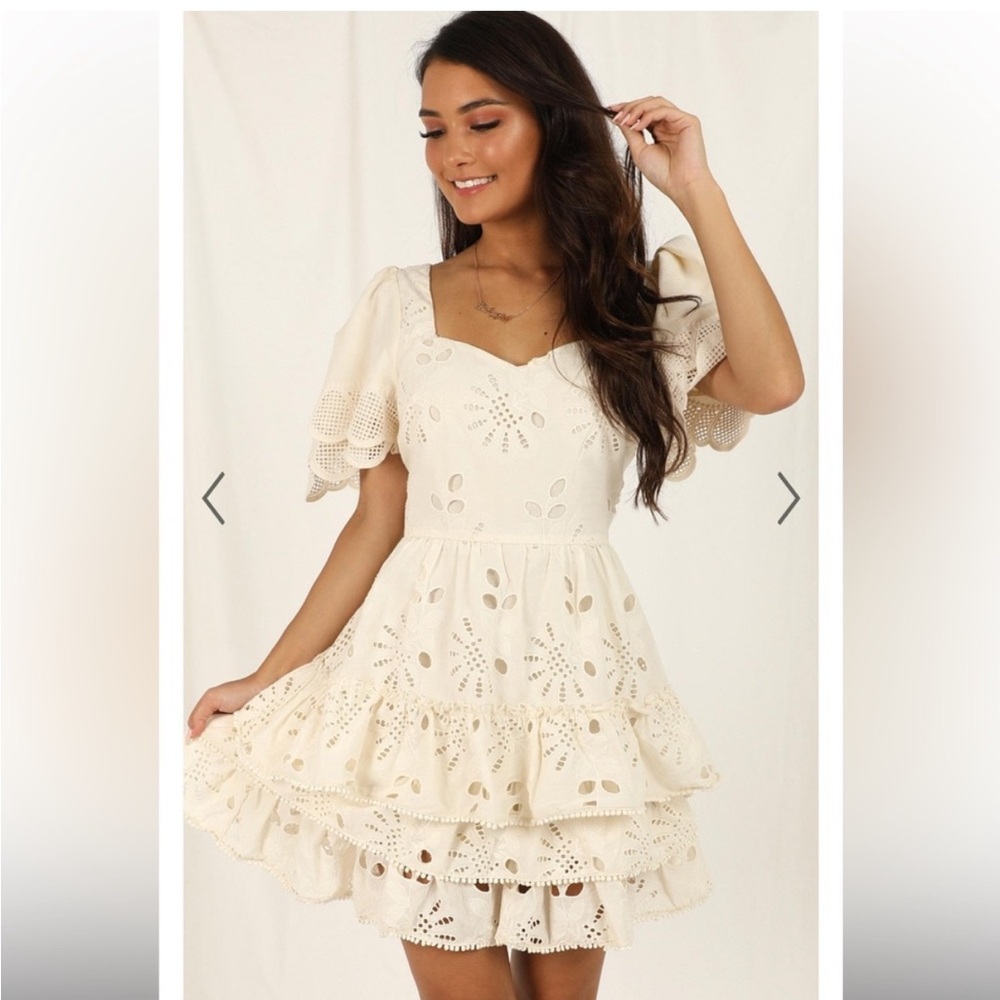 Showpo Just Me Back to the Island Cream Lace Tiered Skirt Mini Dress- Medium